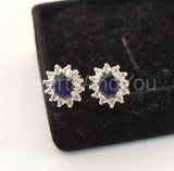 1ct Oval Cut Simulated Sapphire Floral Halo Stud Earrings 14k White Gold Plated