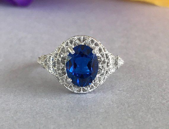 2ct Oval Cut Blue Sapphire Antique Vintage Engagement Ring 14k White Gold Finish