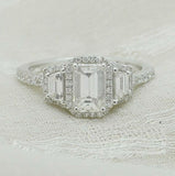 2.5ct Emerald Cut Diamond Halo Ring 14k White Gold Finish with Round Accents