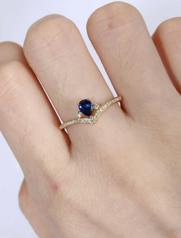 1ct Pear Blue Sapphire Wedding Band V Shaped Petite Curved 14k Yellow Gold Over