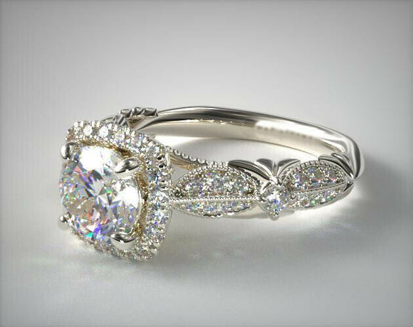 4Ct Round Cut Diamond Vintage Milgrain Halo Engagement Ring 14K White Gold Over