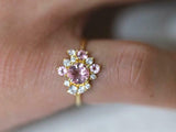 2ct Engagement Ring Round Cut Pink Sapphire Cluster 14k Yellow Gold Finish