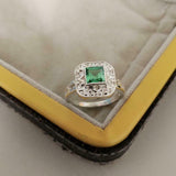 1ct Engagement Ring Asscher Cut Emerald Vintage Inspired 14k White Gold Finish