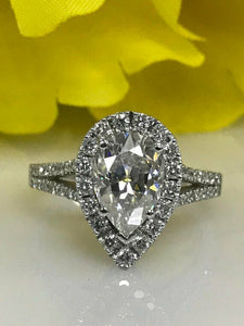 1.6ct Pear Cut Diamond Halo Split Shank Engagement Ring 14k White Gold Finish