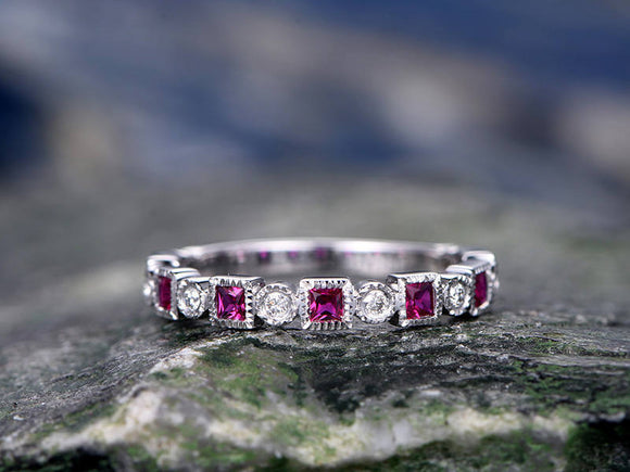 1Ct Princess Cut Pink Ruby And Diamond Wedding Band Ring 14K White Gold Finish