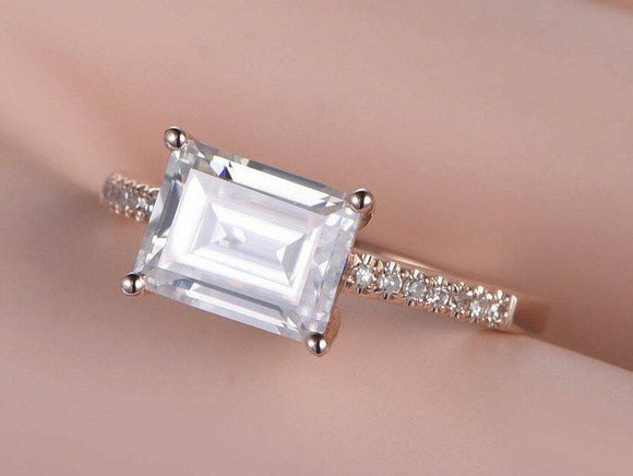 Solitaire Promise Engagement Ring 1ct Emerald Cut Diamond 14k Rose Gold Finish