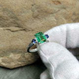 2ct Engagement Ring Green Emerald Cut Sapphire Accent Trilogy 14k WhiteGold Over