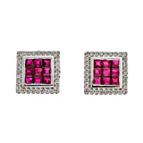 1.6ct Princess Cut Pink Ruby Halo Cluster Stud Earrings 14k White Gold Finish