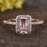 1.5ct Emerald Cut Morganite Engagement Ring Round Accent Halo 14k Rose Gold Over