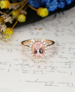 2ct Oval Cut Peach Morganite Diamond Accent Halo Women Ring 14k Rose Gold Finish