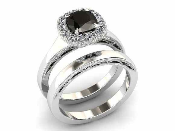 2ct Cushion Cut Black Diamond Engagement Ring Halo Bridal Set 14k WhiteGold Over