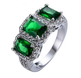 4Ct Radiant Cut Green Emerald Trilogy Halo Engagement Ring 14K White Gold Finish