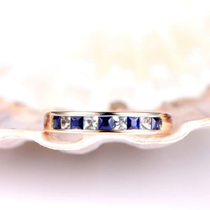 1ct Princess Cut Blue Sapphire Eternity Wedding Band Ring 14k Rose Gold Finish