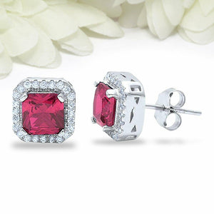 4Ct Cushion Cut Pink Ruby Diamond Halo Gatsby Stud Earrings 14K White Gold Over