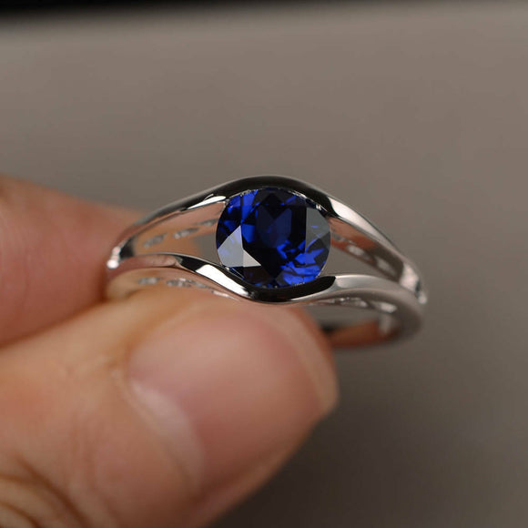 1ct Round Cut Blue Sapphire Split Shank Engagement Ring 14k White Gold Finish