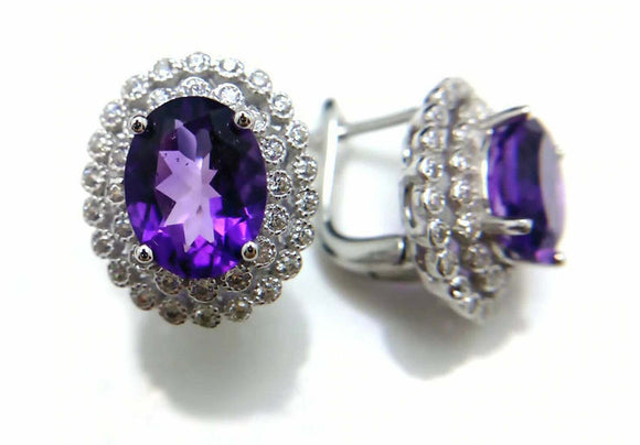 3.7ct Stud Earrings Oval Purple Amethyst Dual Halo Milgrain 14k White Gold Over