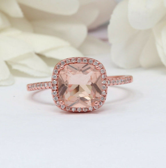 2ct Cushion Cut Morganite Engagement Ring Diamond Accent Halo 14k Rose Gold Over