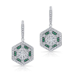 2ct Round Cut Diamond Emerald Art Deco Women Drop Earrings 14k White Gold Finish