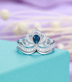 2ct Pear Cut Blue Sapphire Princess Crown Engagement Ring 14k White Gold Finish