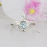 1.8ct Round Blue Aquamarine Engagement Ring Crown Bridal Set 14k White Gold Over