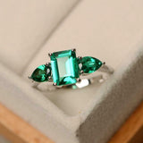 2ct Green Emerald Cut Pear Accents Trilogy Engagement Ring 14k White Gold Finish