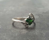 0.6ct Princess Cut Green Emerald Twist Swirl Solitaire Ring 14k WhiteGold Finish