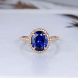 2ct Oval Cut Blue Sapphire Engagement Ring Halo Diamond Accent 14k RoseGold Over