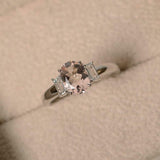 2ct Oval Cut Peach Morganite Baguette Accents Trilogy Ring 14k White Gold Finish