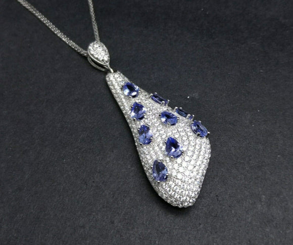 4ct Blue Tanzanite Pendant Pear Cut Cocktail Ice 14k White Gold Finish NO CHAIN