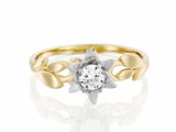 Floral Leaves Solitaire Engagement Ring 1ct Round Diamond 14k Dual Gold Finish