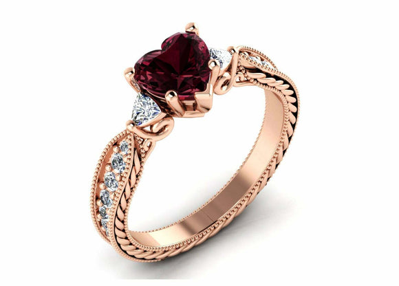 1.5ct Heart Cut Red Garnet Milgrain Trilogy Solitaire Ring 14k Rose Gold Finish