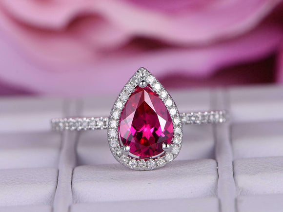 1.6ct Pear Cut Ruby Halo Engagement Ring 14k White Gold Finish with Round Accent