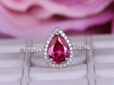 1.6ct Pear Cut Ruby Halo Engagement Ring 14k White Gold Finish with Round Accent