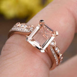 1.5ct Emerald Cut Peach Morganite Bridal Set Open Style Band 14k RoseGold Finish