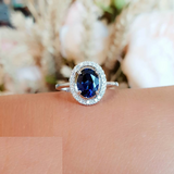 2ct Oval Cut Blue Sapphire Engagement Ring 14k White Gold Finish Halo Statement