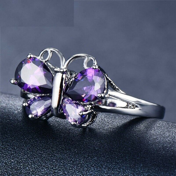 2ct Pear Cut Purple Amethyst Engagement Ring 14k WhiteGold Over Butterfly Design