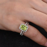 3Ct Emerald Cut Green Peridot Halo Bridal Set Vintage Band 14K White Gold Finish