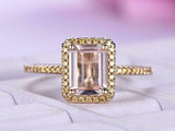 2ct Emerald Cut Morganite Engagement Ring Yellow Sapphire Halo 14k RoseGold Over