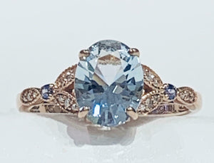 2.5ct Oval Cut Blue Aquamarine Milgrain Leaf Accent Ring 14k Rose Gold Finish