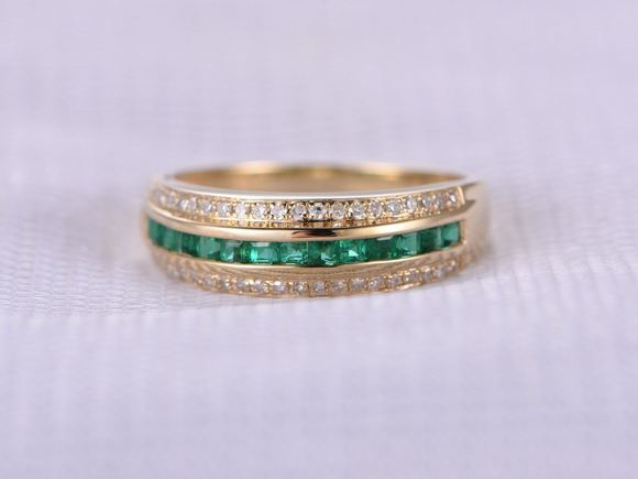 2ct Princess Cut Green Emerald Three Row Half Eternity Band 14k Yellow Gold Over