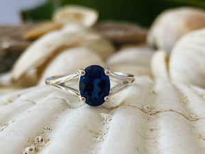 1.5ct Engagement Ring Oval Cut Blue Sapphire Split Shank 14k White Gold Finish