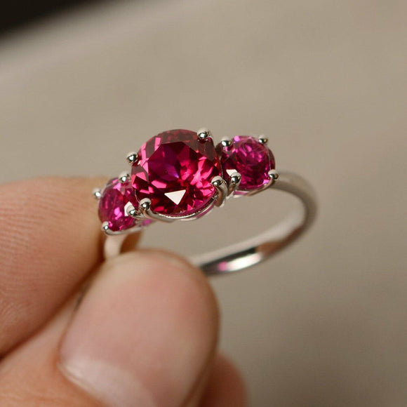 2ct Round Cut Pink Ruby Engagement Ring 14k White Gold Finish Unique Trilogy