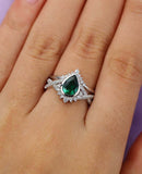 3ct Pear Cut Green Emerald Engagement Ring Curved Bridal Set 14k White Gold Over