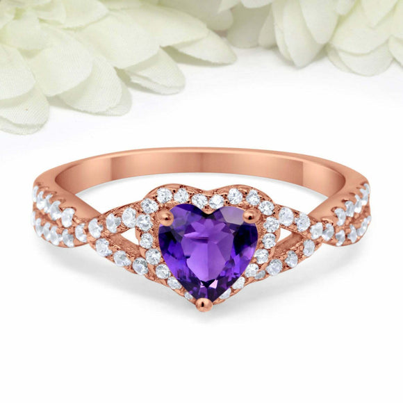 2ct Heart Cut Purple Amethyst Engagement Ring Split Shank Halo 14k RoseGold Over