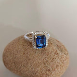 2.2ct Engagement Ring Emerald Cut Blue Sapphire Halo 14k White Gold Finish