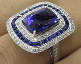 3ct Cushion Blue Sapphire Engagement Ring 14k WhiteGold Finish Art Deco Cocktail