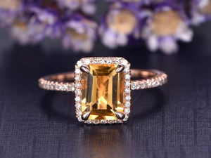 2ct Emerald Cut Yellow Citrine Engagement Ring Halo Solitaire 14k Rose Gold Over