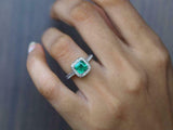 2.2ct Engagement Ring Princess Cut Green Emerald Halo 14k White Gold Finish