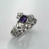 2ct Heart Purple Amethyst Engagement Ring Claddagh Bridal Set 14k WhiteGold Over