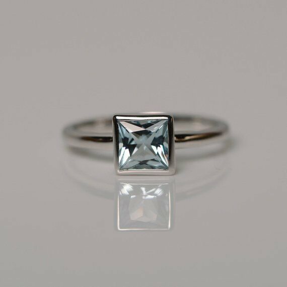 1.5ct Princess Cut Blue Aquamarine Engagement Ring 14k White Gold Over Solitaire